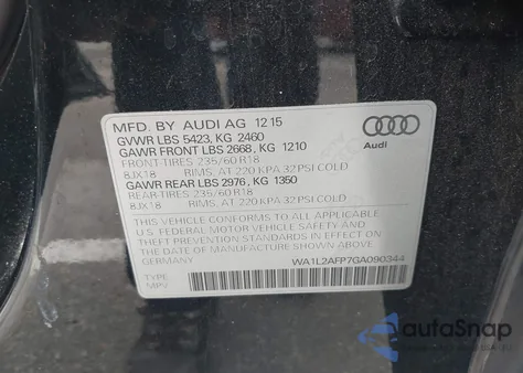 2016 Audi Q5 2.0T Premium from USA, damaged, VIN WA1L2AFP7GA090344